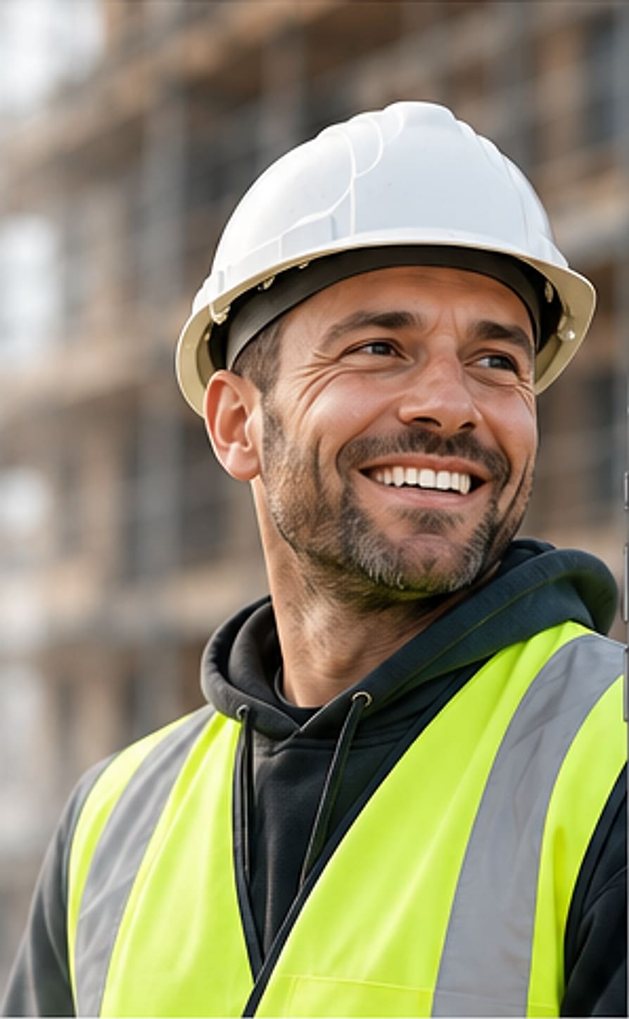 A smiling construction labourer in a white hard hat and hi-vis vest on a building site
